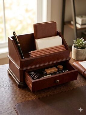 Bombay Co Vintage Wooden Desk Organizer Letter Holder 1 Drawer Stationary Box